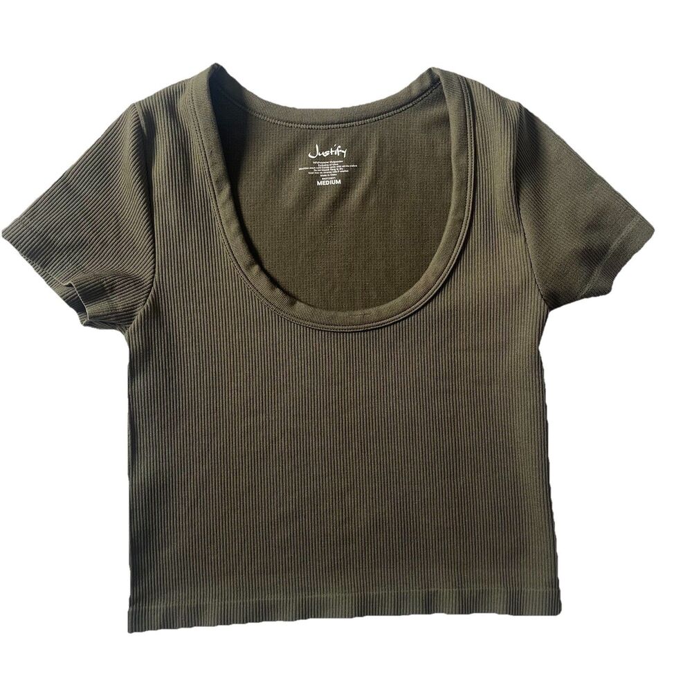 Justify Top Ribbed Short Sleeve Scoop Neck Crop Olive Army Green Womens M EUC